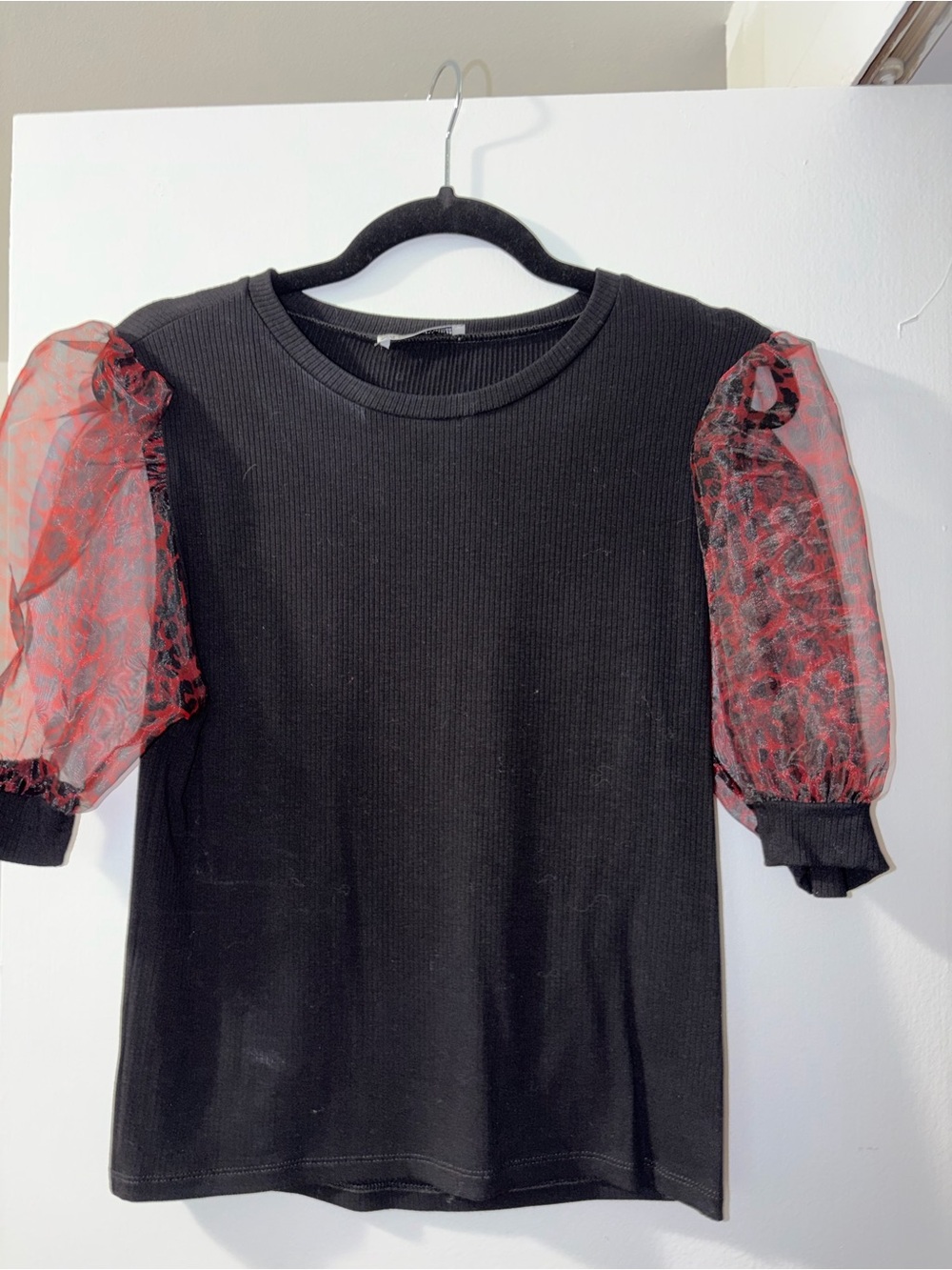 Zara Black Top with Red Sheer Puff Sleeves